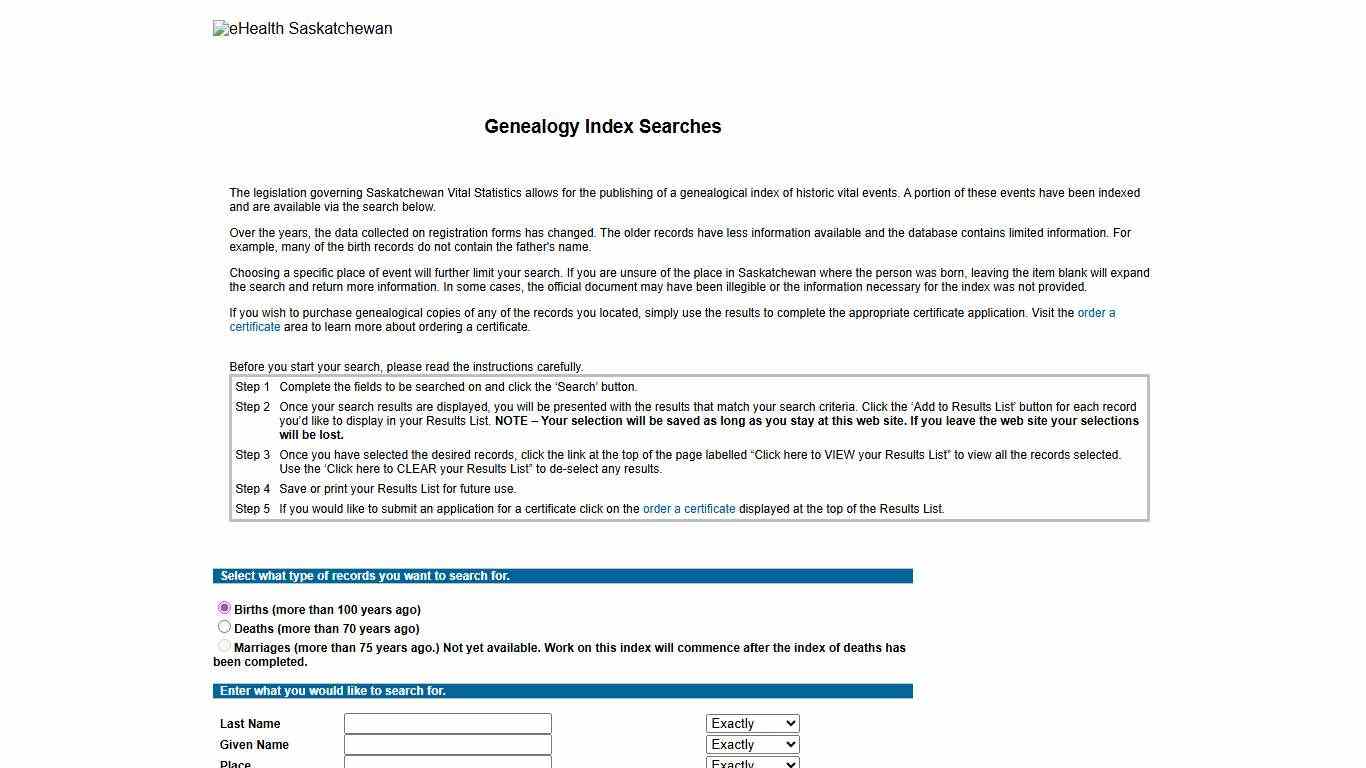 Vital Statistics Genealogy Search Page
