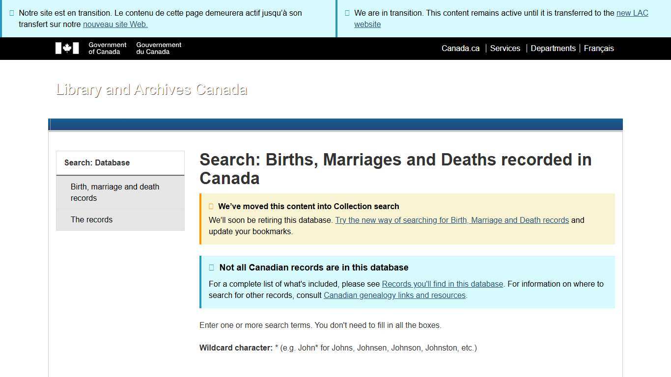 Search: Births, Marriages and Deaths recorded in Canada - Library and Archives Canada